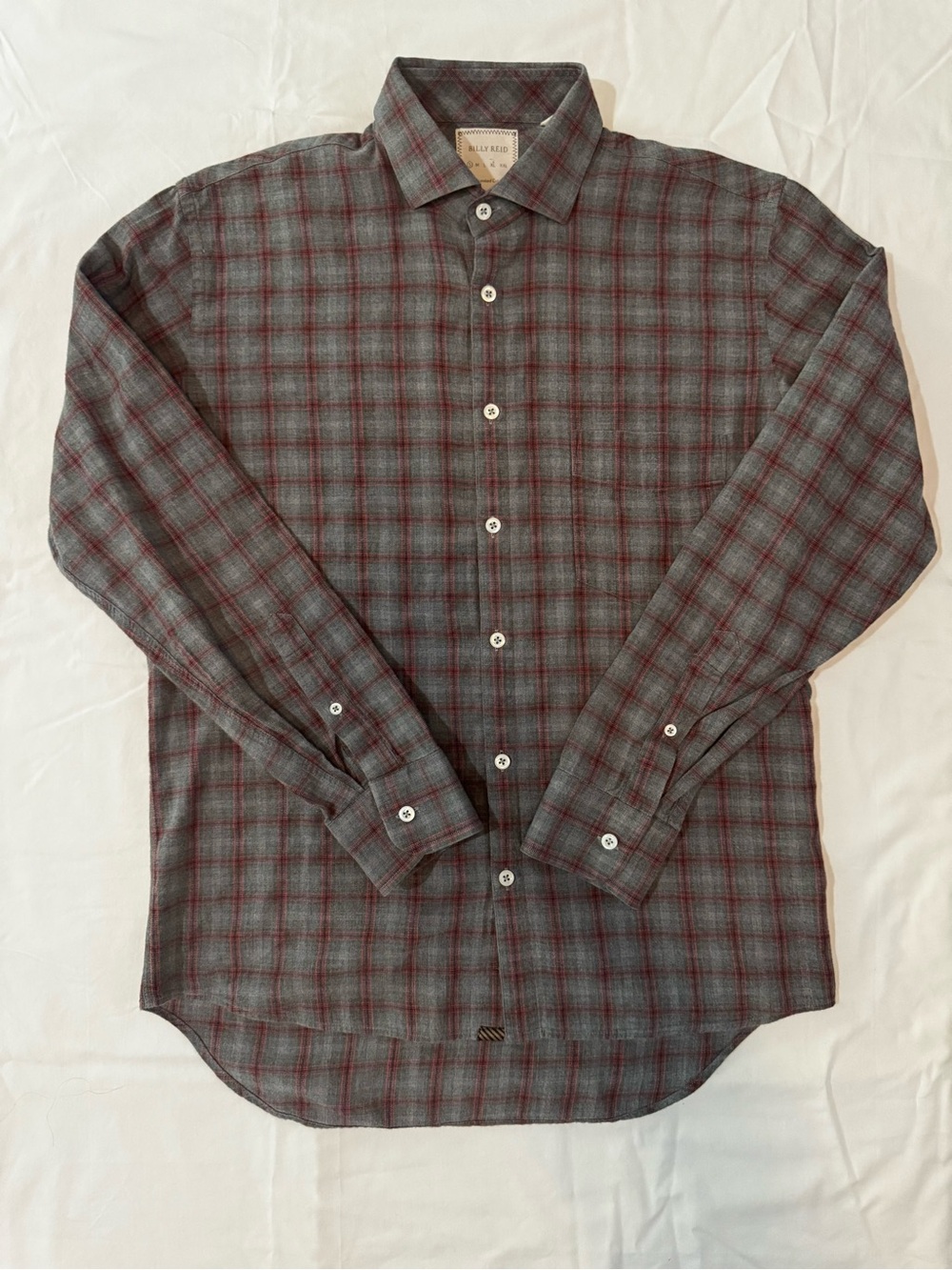 Billy Reid Standard Fit Gray & Red Plaid Cotton Button Down Shirt Small